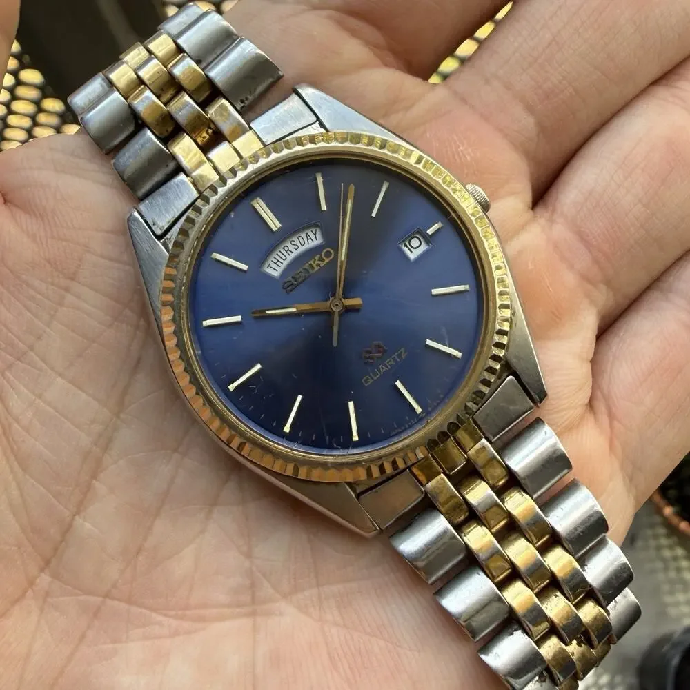 Vintage Seiko SQ President Fluted Bezel Watch 36mm Blue Dial Two Tone Daydate